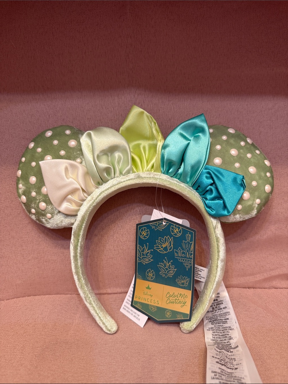 Princess Tiana Disney Mint Green Polka Dot Pearl Satin Bow Princess Ear Headband